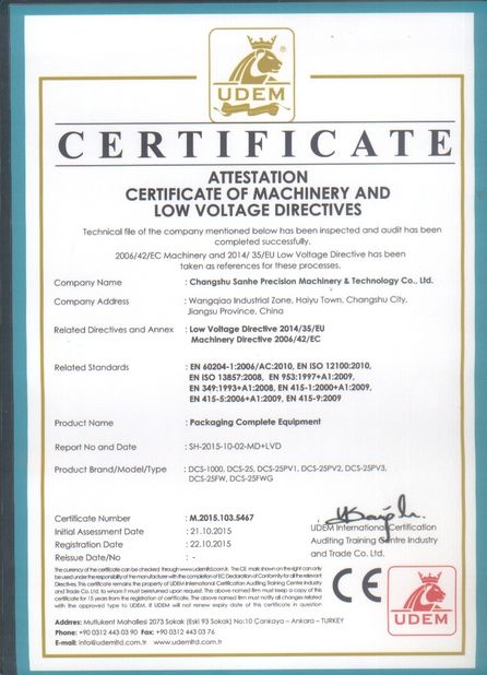 Porcellana Changshu Sanhe Precision Machinery &amp; Technology Co.,Ltd. Certificazioni